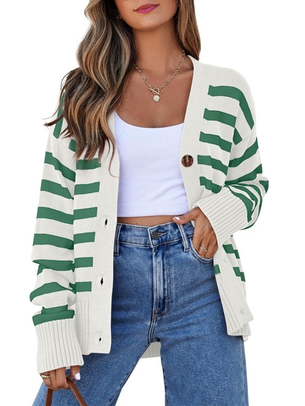 Womens Striped Cardigan Sweaters Button Knit Tops